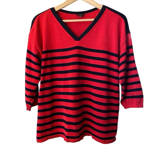 Talbots Plus Size XL Red Navy Blue Stripe V Neck Sweater Women Cotton Stylish - Picture 1 of 5